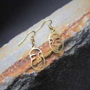Dreaming Face Earrings, Small Abstract Golden Brass